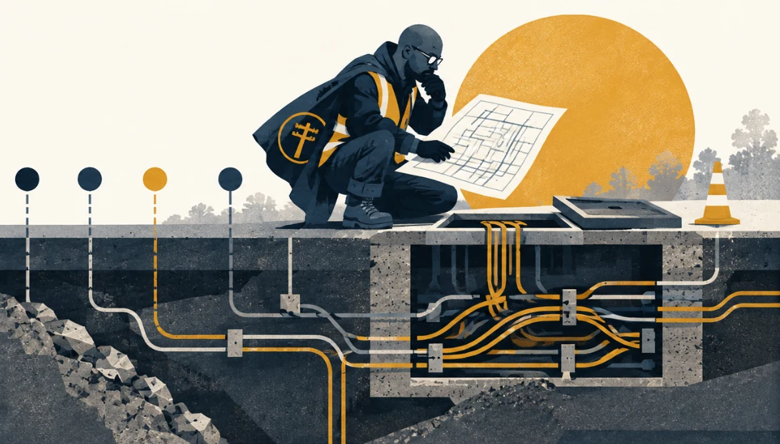 Editorial illustration of a fiber technician crouched beside an open handhole, studying a network drawing, while the cables in the vault below run in a tangled arrangement that departs from the orderly routes leading into it.