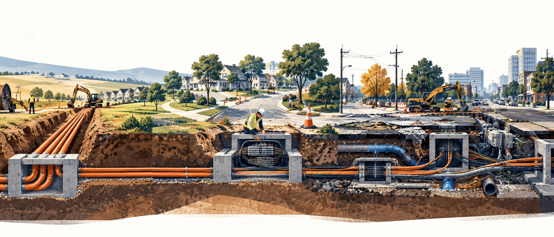 Fiber infrastructure evolving from new construction into a mature network shaped by years of maintenance and intervention