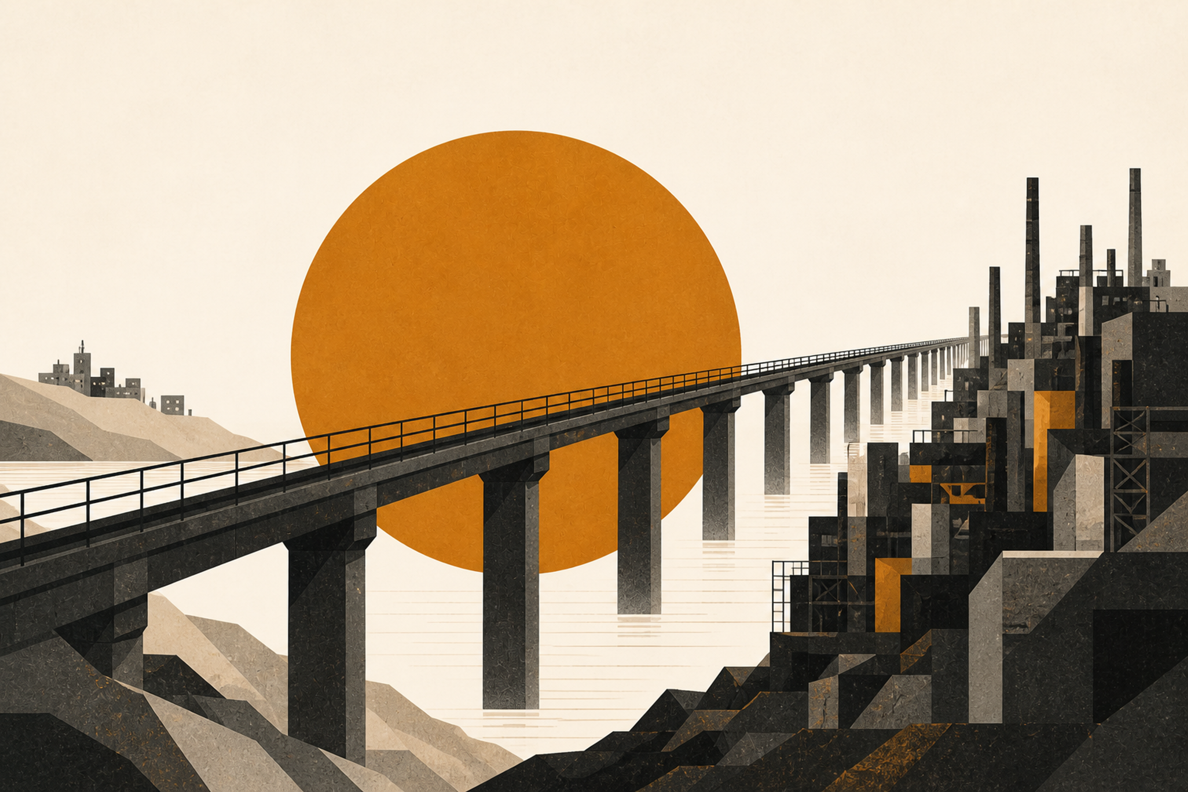 A bridge extending from sparse past infrastructure toward dense present operating consequences