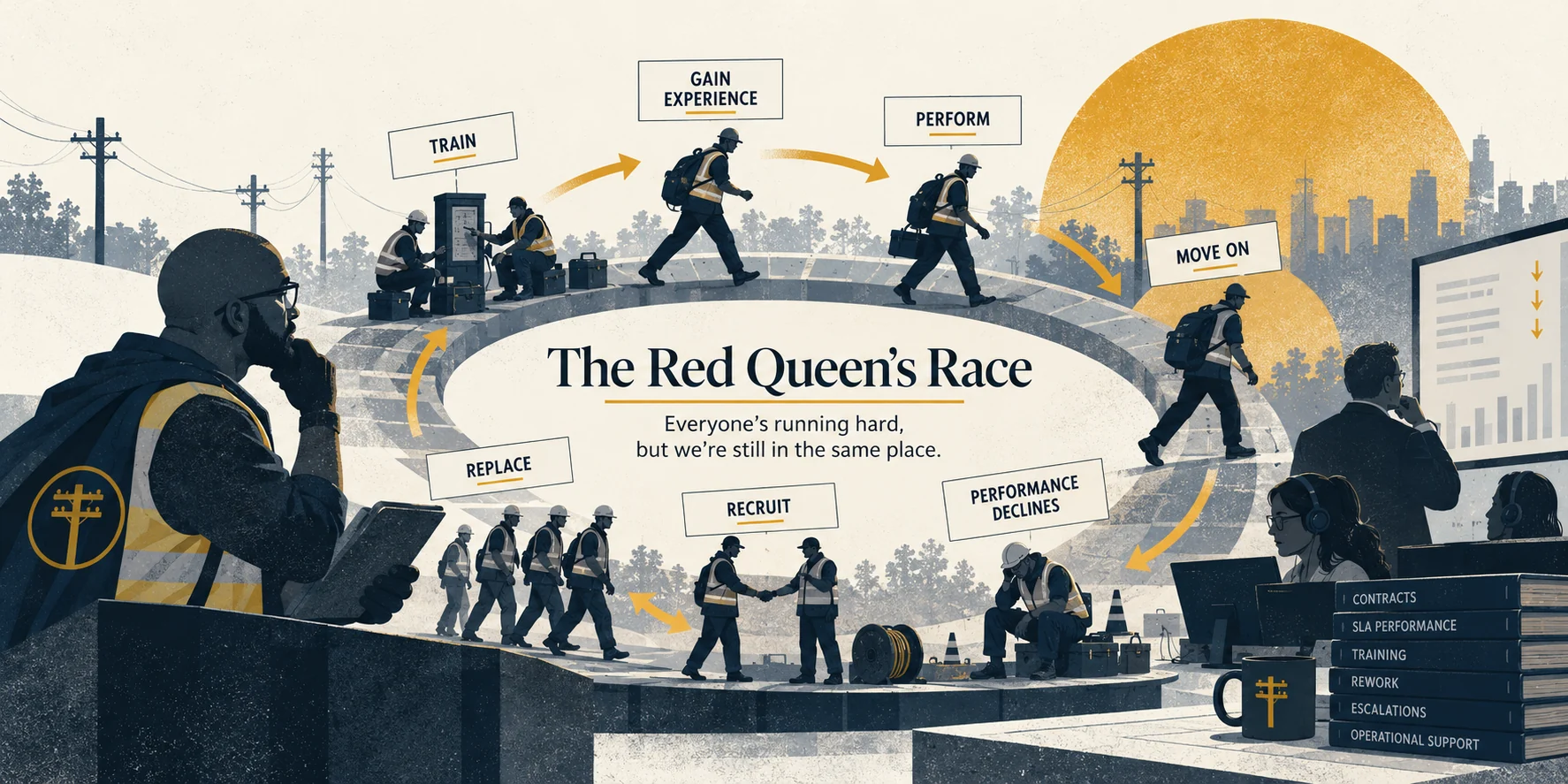 Editorial illustration of the Red Queen's race in telecom maintenance: navy silhouettes of field technicians move around a circular track labeled train, gain experience, perform, move on, performance declines, recruit and replace, beneath a golden sun on an ivory background, while an operations manager in a high-visibility vest and office staff beside binders marked contracts, SLA performance, training and rework look on.