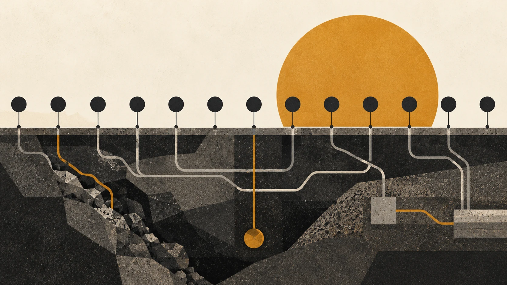 Abstract editorial illustration showing identical surface markers connected to different branching paths beneath the ground, representing recurrence without a single assumed cause.